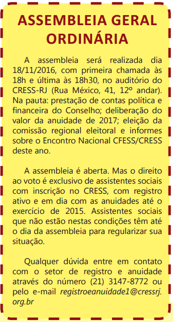 15 de junho - CRESS-RJ convoca Assembleia Geral Ordinária - CRESS