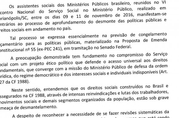 Recorte da imagem da moção de assistentes sociais do Ministério Público 