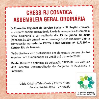 15 de junho - CRESS-RJ convoca Assembleia Geral Ordinária - CRESS