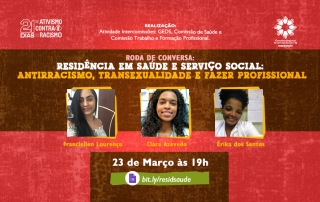 Card com fundo vermelho e marrom divulga a roda de conversa. Na parte superior da imagem, à esquerda, a logo da campanha '21 dias de ativismo contra o racismo' e, à direita, a logo do CRESSRJ. No centro da imagem, título da atividade e fotos das convidadas. No rodapé da imagem, data e hora seguidos de link para inscrição no evento