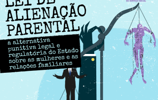 Card azul com logo do CFESS traz texto lei de alienação parental: a alternativa punitiva legal e regulatória do Estado. Abaixo uma balança representa o judiciário favorecendo um homem e afastando uma mulher de uma criança