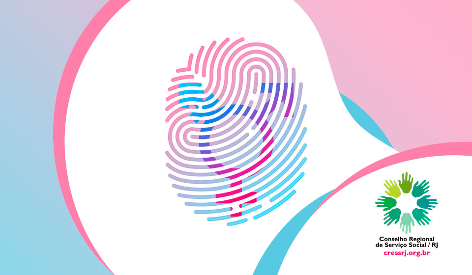 Conjunto de cards com fundo rosa e azul, cores da bandeira do orgulho trans, trazem ilustração de uma digital com linhas leves