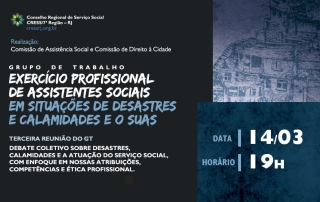 Imagem com fundo em tons escuros (entre o azul e o roxo). Há construções em cada canto da imagem. No centro dados sobre o evento. No cabeçalho do cartaz, a logo do CRESSRJ.