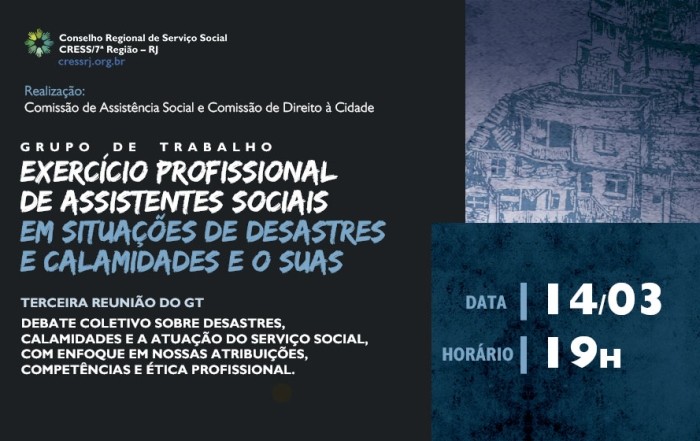 Imagem com fundo em tons escuros (entre o azul e o roxo). Há construções em cada canto da imagem. No centro dados sobre o evento. No cabeçalho do cartaz, a logo do CRESSRJ.