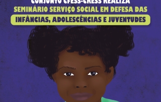 Capa da edição número 105 da revista PRAXIS, em fundo azul, traz a identidade visual do Seminário Estadual em Defesa das Infâncias e Juventudes, a ilustração de uma criança negra