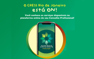 Conjunto de cards nas cores verde, laranja e amarelo trazem diversas ilustrações que remetem à utilização da plataforma online (celulares e computadores) e à categoria de assistentes sociais. O material traz informações sobre os principais serviços disponíveis na plataforma online, como pagamento da anuidade, atualização de dados cadastrais, emissão de certidões e cancelamento. O conteúdo pode ser acessado abaixo de cada card.