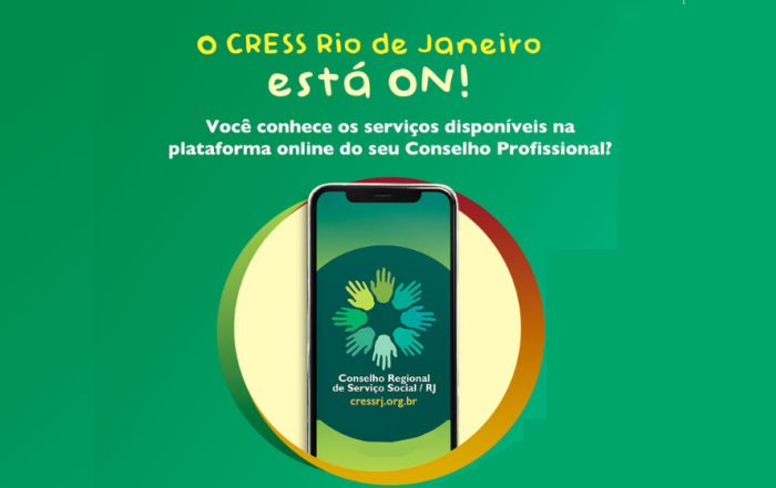 Conjunto de cards nas cores verde, laranja e amarelo trazem diversas ilustrações que remetem à utilização da plataforma online (celulares e computadores) e à categoria de assistentes sociais. O material traz informações sobre os principais serviços disponíveis na plataforma online, como pagamento da anuidade, atualização de dados cadastrais, emissão de certidões e cancelamento. O conteúdo pode ser acessado abaixo de cada card.