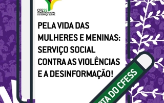Card com fundo roxo traz o título da nota do CFESS.