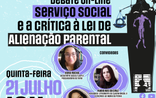 card azul traz informações da live, fotos das palestrantes e uma ilustração mostrando a justiça favorecendo homens e afastando uma mulher de sua filha