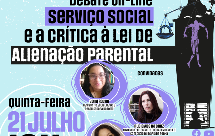 card azul traz informações da live, fotos das palestrantes e uma ilustração mostrando a justiça favorecendo homens e afastando uma mulher de sua filha