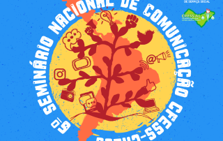 Card com fundo azul traz a arte para o 6º Seminário de Comunicação CFESS-CRESS, com um círculo central amarelo, dentro do qual há símbolos de redes sociais e instrumentos de comunicação, além da árvore símbolo do Serviço Social.