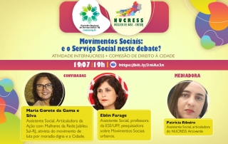 Card com fundo amarelo com as informações sobre a atividade. No cabeçalho, logo do CRESSRJ e dos NUCRESS. Na parte inferior, foto e minibio das convidadas