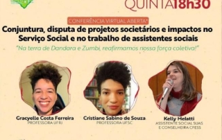 Card com fundo bege traz imagens das palestrantes da live de abertura do Encontro Nacional CFESS-CRESS