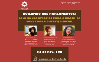 Card com fundo vermelho e marrom divulga a roda de conversa. Na parte superior da imagem, a logo do CRESSRJ. No centro, título da atividade e fotos das convidadas. No rodapé da imagem, data, hora e link para inscrição no evento
