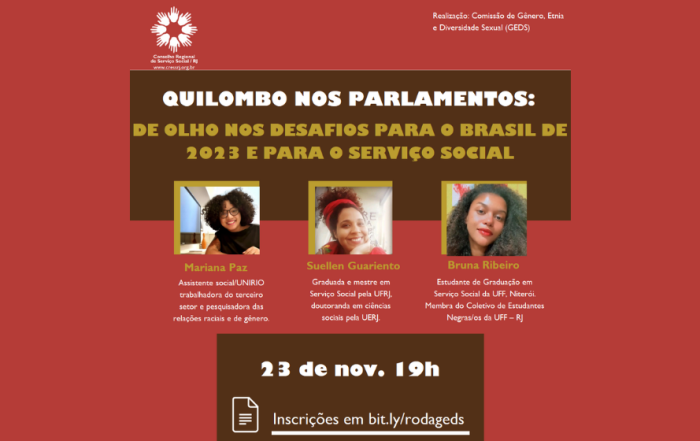 Card com fundo vermelho e marrom divulga a roda de conversa. Na parte superior da imagem, a logo do CRESSRJ. No centro, título da atividade e fotos das convidadas. No rodapé da imagem, data, hora e link para inscrição no evento