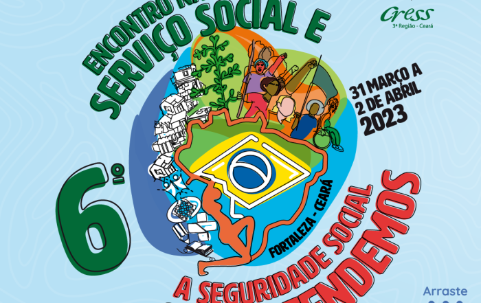 Card azul traz nome do evento e logo, ilustrações do mapa do Brasil carregado por Iracema e cercado por pessoas, casas e símbolos representando várias políticas sociais