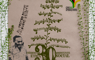 Card com fundo bege e plantas, como a que ilustra o Código de Ética da/o Assistente Social, traz o selo comemorativo dos 30 anos do documento, com a arte de Bispo do Rosário ao centro e uma ilustração do artista à esquerda.