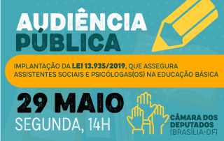 Card azul traz chamada urgente para audiência pública, com as informações de data e local, e as logos das entidadades