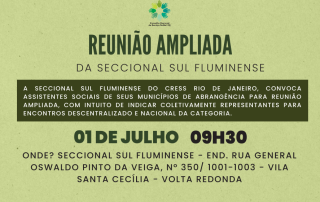 Card com base na cor verde, com a logo do CRESS Rio de Janeiro no topo. Há informações sobre a reunião. A pauta estão em uma caixa (box) verde escuro.
