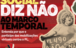 card vermelho traz imagens estilizadas de indígenas protestando contra o Marco Temporal