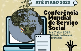 card com o fundo bege traz a imagem de um computador com o símbolo da capa do livro 'Serviço Social e Relações Internacionais', com a ilustração do globo terrestre e com ramos da árvore de Bispo do Rosário. Na parte superior, o texto de chamada para inscrição de trabalhos para a conferência.