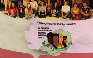 Card na cor rosa e bege mostra foto da delegação do CRESS rio de Janeiro e identidade visual do 50º Encontro Descentralizado da Região Sudeste. A identidade visual do encontro consiste em um mapa da região sudeste sob a ilustração de quatro pessoas representando as lutas defendidas pelo Serviço Social brasileira. Há no card o seguinte texto: Delegação do CRESS/RJ presente no 50° Encontro Descentralizado da região Sudeste.