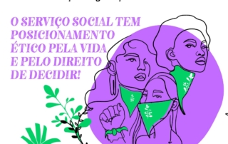 Card de fundo branco traz a mensagem do Serviço Social para o dia 28 de setembro, explicando a importância e o papel da categoria na questão, com ilustrações de mulheres utilizando o lenço verde, que representa o movimento em defesa do direito ao aborto