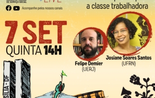 Card com fundo azul e amarelo traz a arte do 50° Encontro Nacional, ilustração alusiva às jornadas de junho, no Congresso Nacional, com o tema do debate e imagens em círculo das pessoas palestrantes