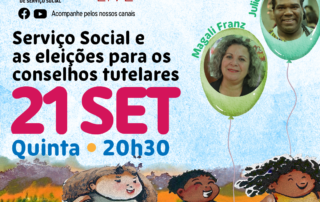 Card azul claro tem desenho de um campo com três crianças diversas - negras, brancas, com corpos diferentes, brincando e felizes. A imagem traz a chamada para a live e as fotos de Julio Cezar, homem negro de tranças, e Magali, mulher branca de cabelos loiros e batom vermelho.