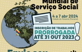 Card com o fundo bege traz ilustração do globo terrestre e com ramos da árvore de Bispo do Rosário, o texto de chamada para inscrição de trabalhos