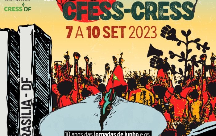 Card com fundo azul e amarelo traz a arte do 50º Encontro Nacional, ilustração alusiva às jornadas de junho, no Congresso Nacional, com o tema do evento.