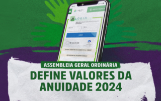 Card com fundo verde traz a imagem de um telefone celular logado na plataforma online do CRESS/RJ. Abaixo, sobre tarja roxa, os dizeres "Assembleia Geral Ordinária define valores da anuidade 2024".