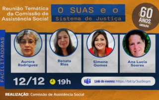 Card com fundo em cor ocre. O título do evento "O SUS e o Sistema de Justiça" está sobre uma faixa em dois tons de azul. Abaixo, um boxe azul com com caixas destacadas brancas com as fotos das participantes.