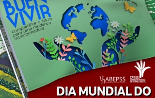 Card apresenta a arte que celebra o Dia Mundial do Serviço Social, produzida pela Fits, representado por uma ilustração com duas mãos segurando o planeta Terra.
