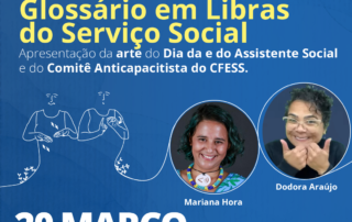 Card com fundo azul traz chamada para lançamento do glossário e fotos das palestrantes