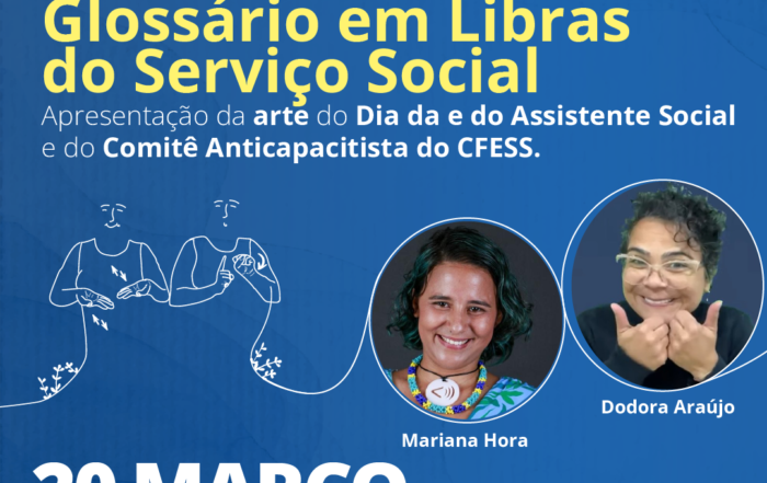 Card com fundo azul traz chamada para lançamento do glossário e fotos das palestrantes