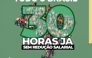 card destaca chamada sobre as 30 horas para assistentes sociais de todo o país, com um mapa do Brasil formado por desenhos de pessoas representando assistentes sociais e informações sobre as ações do CFESS.