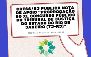 Cartaz padrão de aviso, com bordas azuis e a chamada para nota. Na parte inferior do cartaz, a logo do CRESS/RJ.