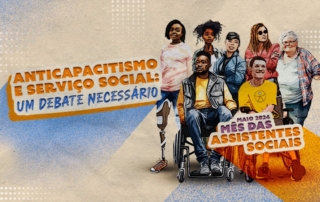 Card com a identidade visual do mês de maio de 2024. No card, há a imagem de 7 pessoas. Na frente, de cadeira de rodas, um jovem negro de calça jeans e um jovem branco, de camisa amarela, com outras necessidades especiais aparentes. Atrás deles, da esquerda para a direita, uma jovem negra com uma perna mecânica; uma jovem negra; um homem trans, de boné; uma mulher branca, cega, de óculos escuros; e uma idosa sem um dos braços.