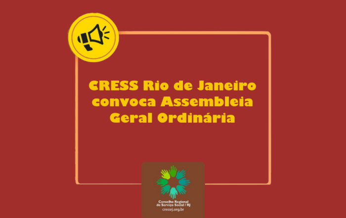 Card padrão de avisos do CRESS/RJ com chamada para edital da Assembleia.